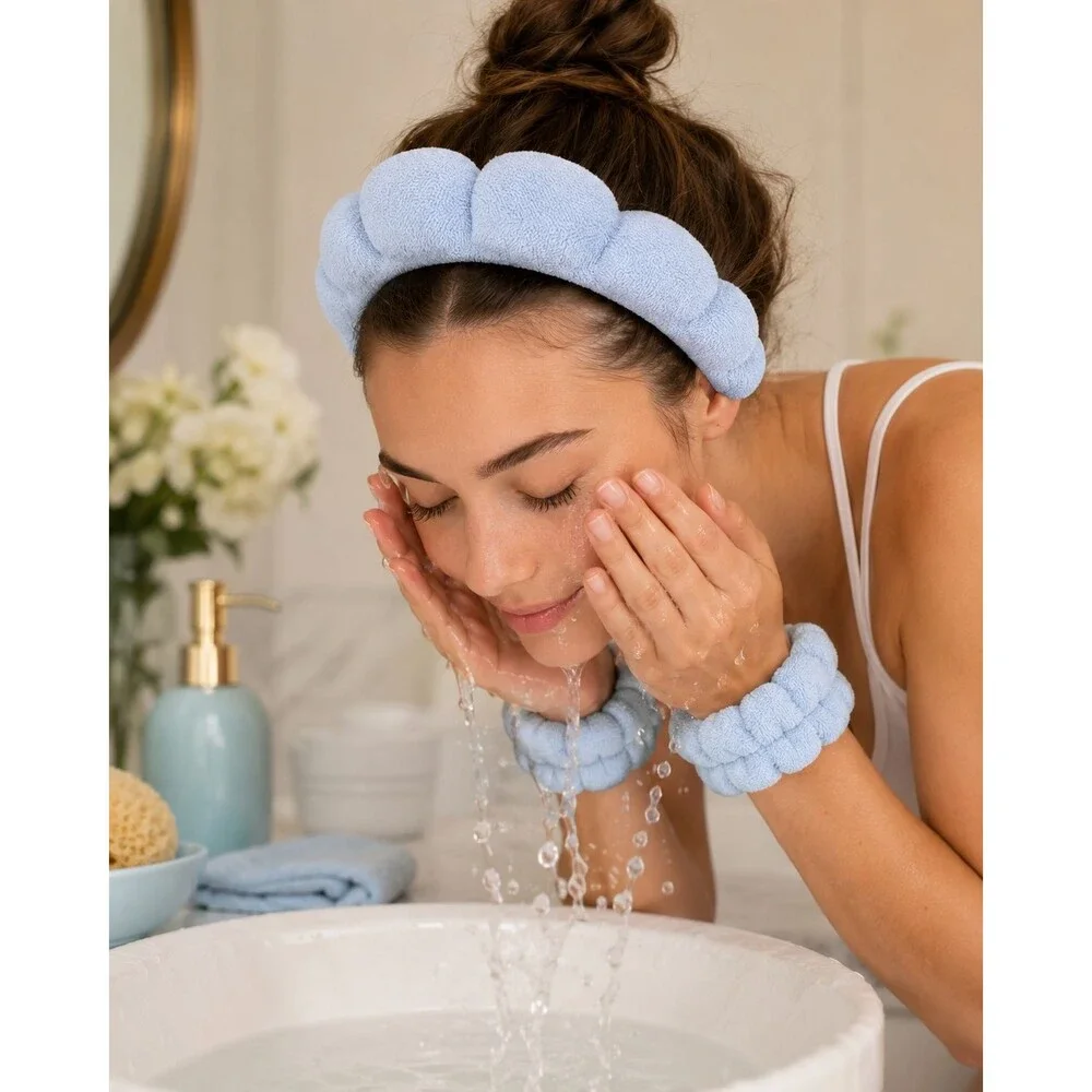 Blue Puffy Spa Headband & Wrist Wash Band Set Terry Cloth Skincare Makeup NEW